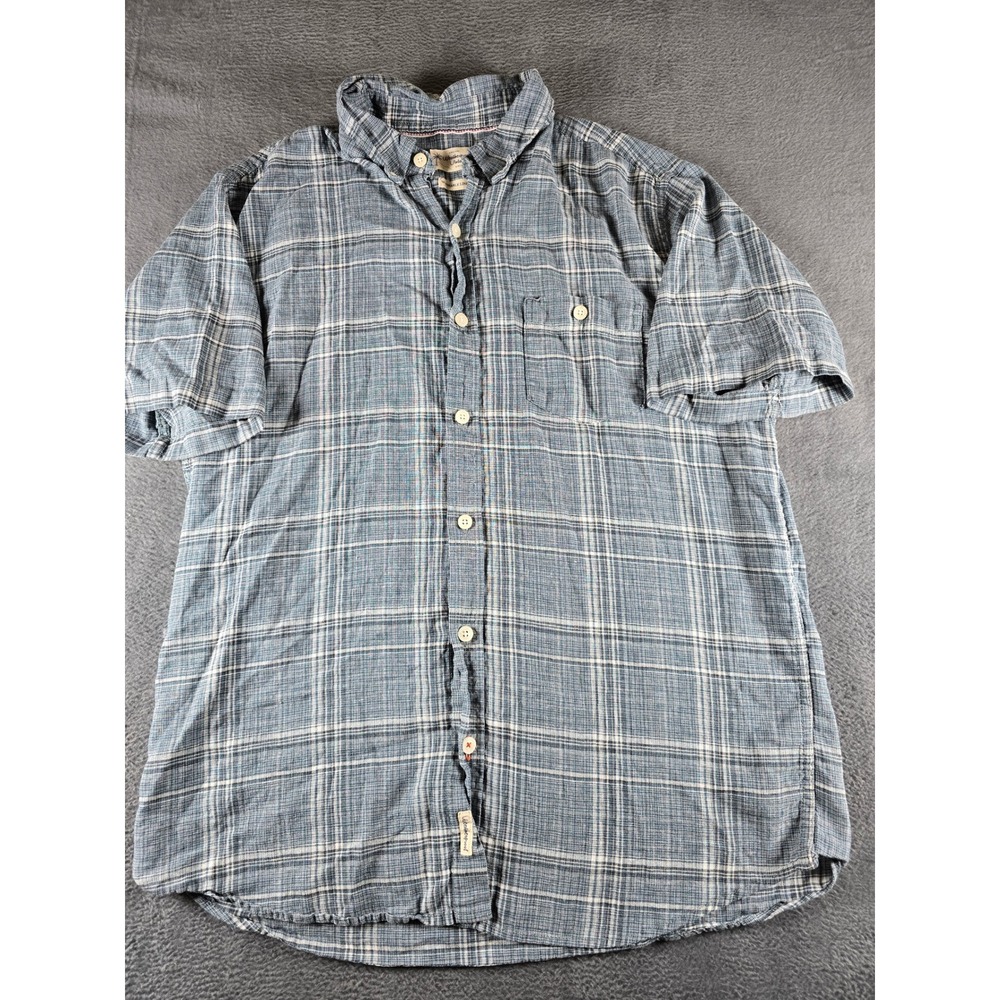 Weatherproof Vintage Mens Large Short Sleeve Plaid Washable Linen Shirt Blue